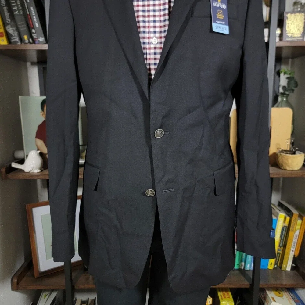 Stafford Men's Hopsack Blazer Two‎ Silver Button Black Wool Blend Classic 42L